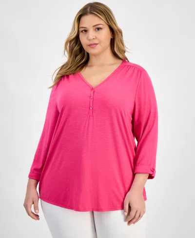 Kasper Plus Size Draped 3/4-sleeve Henley Top In Hot Pink