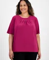 Kasper Plus Size Elbow-sleeve Pleated-neck Top