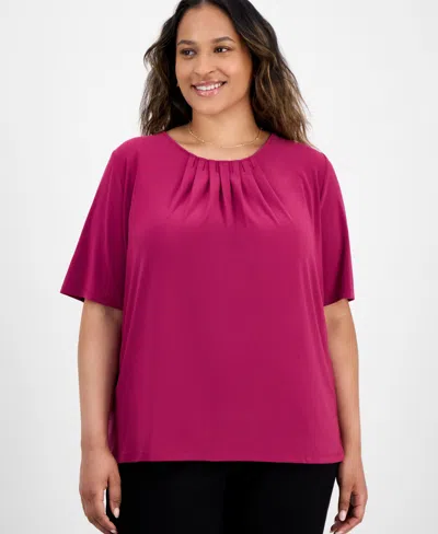 Kasper Plus Size Elbow-sleeve Pleated-neck Top
