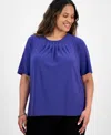 Kasper Plus Size Elbow-sleeve Pleated-neck Top