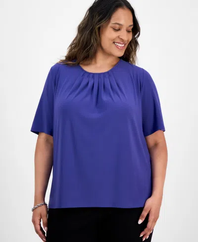Kasper Plus Size Elbow-sleeve Pleated-neck Top