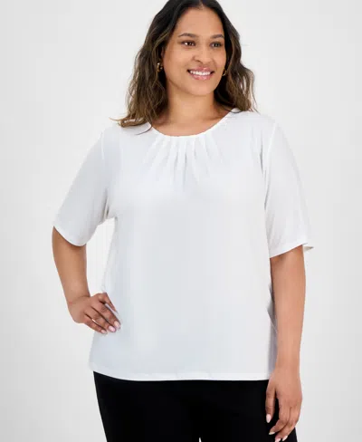 Kasper Plus Size Elbow-sleeve Pleated-neck Top In White