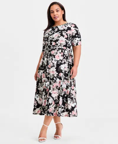Kasper Plus Size Elbow-sleeve Belted Midi Dress In Multi