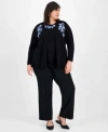 Kasper Plus Size Embroidered Cardigan Embroidered Top In Black