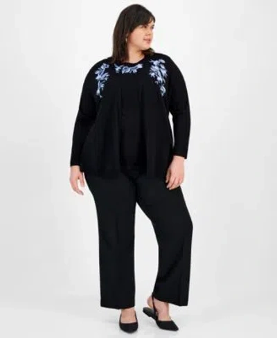 Kasper Plus Size Embroidered Cardigan Embroidered Top In Black