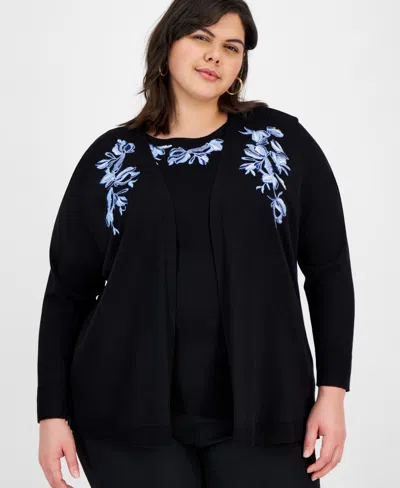Kasper Plus Size Embroidered Open-front Cardigan In Black