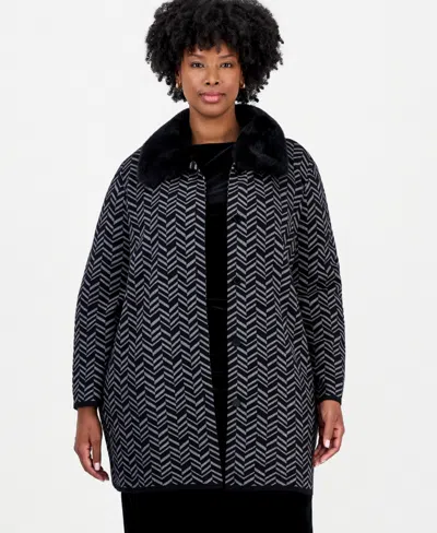 Kasper Plus Size Faux Fur Collar Herringbone Cardigan In Multi