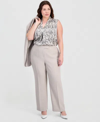 Kasper Plus Size Flat-front Extended-tab Trousers In Gray