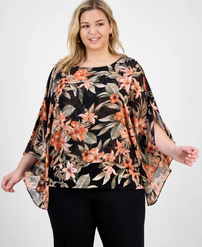 Kasper Plus Size Floral 3/4-sleeve Poncho Top