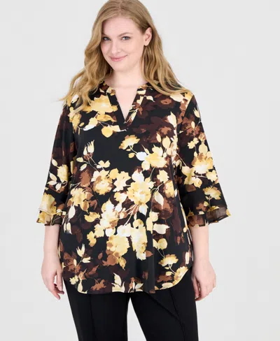 Kasper Plus Size Floral 3/4-length Flutter Sleeves Split-neck Tunic In Black