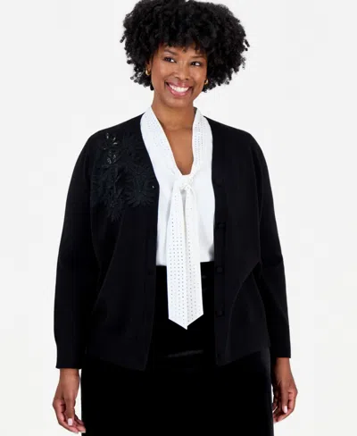 Kasper Plus Size Floral Applique With Sequin Embellishments V-neck Cardigan In Black