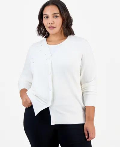 Kasper Plus Size Floral Applique With Sequin Embellishments V-neck Cardigan In Multi