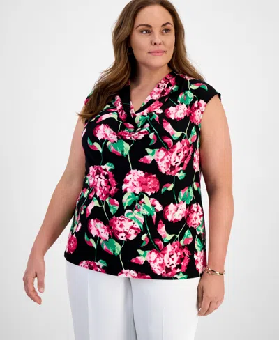 Kasper Plus Size Floral Cowlneck Cap-sleeve Top In Black Multi
