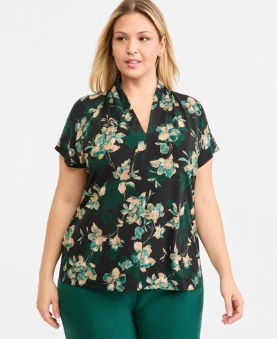 Kasper Plus Size Floral Funnel-neck Cap-sleeve Blouse In Evergreen Multi