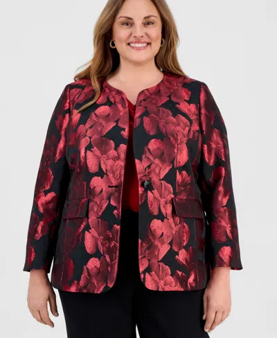 Kasper Plus Size Floral Jacquard One-button Blazer In Red