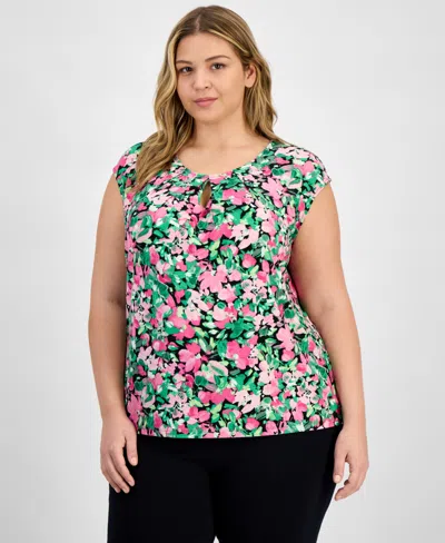 Kasper Plus Size Floral Keyhole-neck Cap-sleeve Top In Black Multi