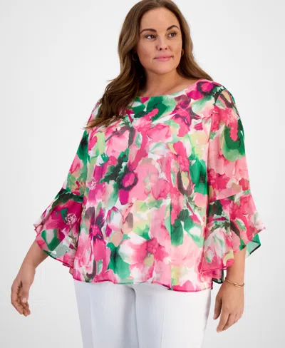 Kasper Plus Size Floral-print Bell-sleeve Blouse In Vanilla Ice Multi