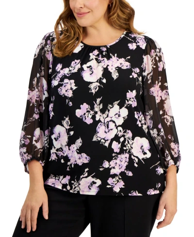 Kasper Plus Size Floral-print Chiffon-sleeve Blouse In Black,lavender Mist Multi