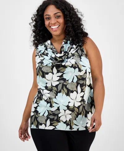 Kasper Plus Size Floral-print Draped-neck Top In Black