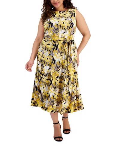 Kasper Plus Size Floral-print Fit & Flare Dress In Summer Straw,black