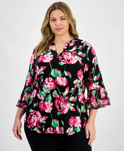 Kasper Plus Size Floral-print Flutter-sleeve Top In Black Multi