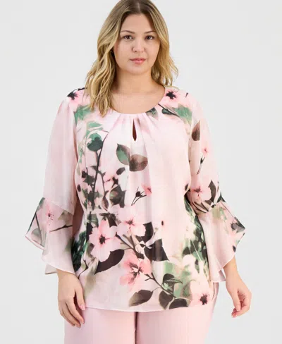 Kasper Plus Size Floral-print Keyhole-front Flutter-sleeve Top In Pink