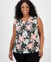 Kasper Plus Size Floral-print Keyhole Top In Black