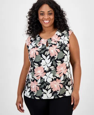 Kasper Plus Size Floral-print Keyhole Top In Black