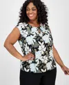 Kasper Plus Size Floral-print Draped-neck Top In Black