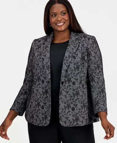 Kasper Plus Size Floral Print One-button Blazer In Gray