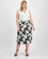 Kasper Plus Size Floral-print Pull-on Midi Skirt In White