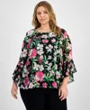 Kasper Plus Size Floral-print Ruffle-sleeve Blouse In Black Multi