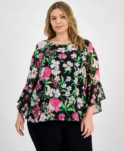 Kasper Plus Size Floral-print Ruffle-sleeve Blouse In Black Multi