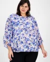 Kasper Plus Size Floral-print Ruffled Blouse In California Sky Multi