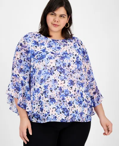 Kasper Plus Size Floral-print Ruffled Blouse In California Sky Multi