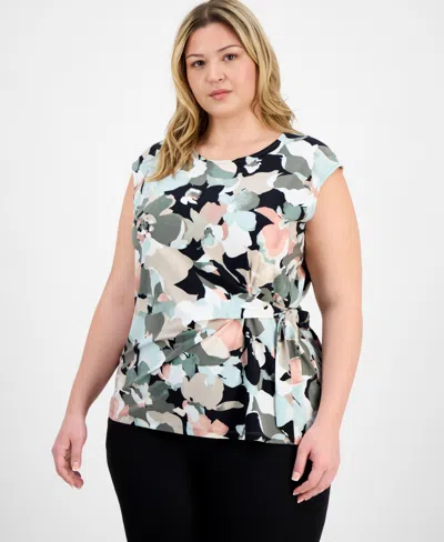 Kasper Plus Size Floral-print Side-tie Top In Multi