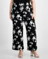 Kasper Plus Size Floral-print Straight-leg Pants In Black,vanilla Ice