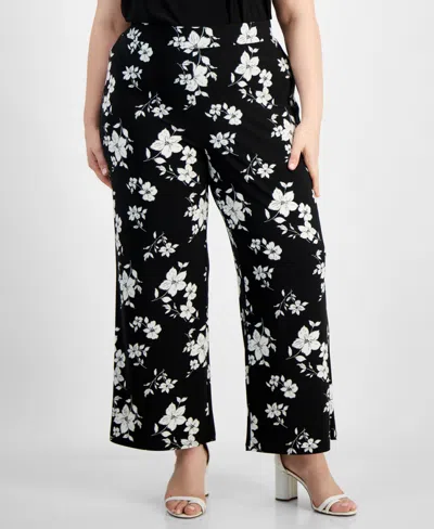 Kasper Plus Size Floral-print Straight-leg Pants In Black,vanilla Ice