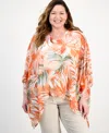 Kasper Plus Size Floral-print V-neck Dolman-sleeve Poncho Top In Multi