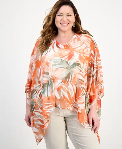 Kasper Plus Size Floral-print V-neck Dolman-sleeve Poncho Top