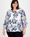 Kasper Plus Size Floral Ruffle-sleeve Blouse In Vanilla Ice Multi