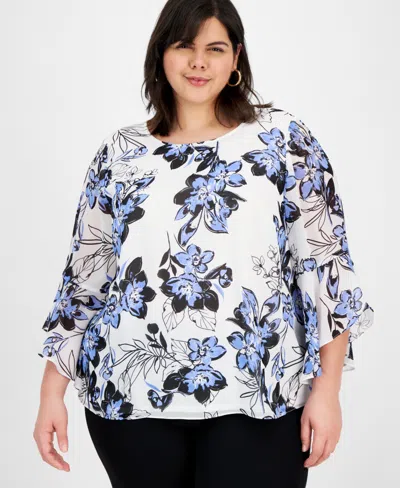 Kasper Plus Size Floral Ruffle-sleeve Blouse In Vanilla Ice Multi