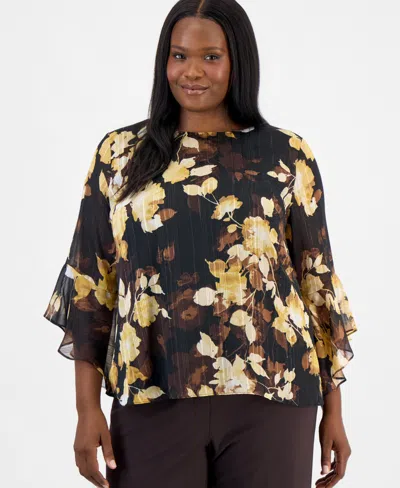 Kasper Plus Size Floral Ruffled-sleeve Blouse In Black Multi
