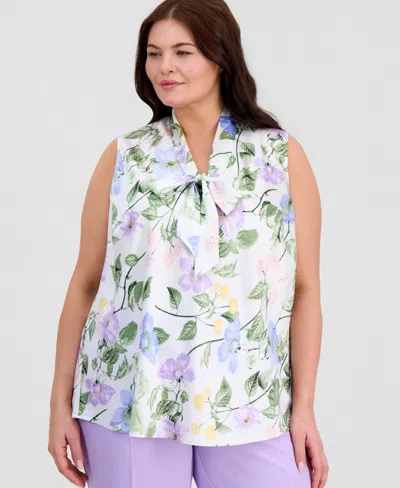 Kasper Plus Size Floral Sleeveless Bias Bow Blouse In Multi