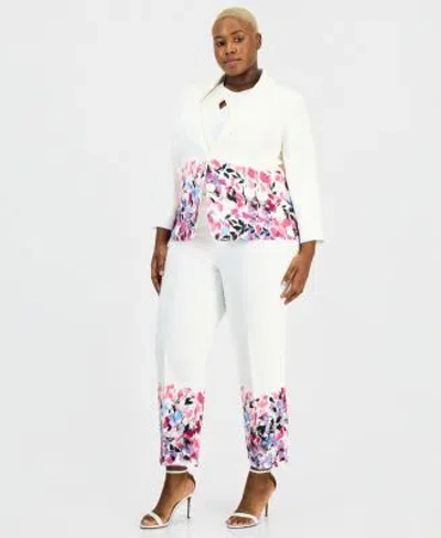 Kasper Plus Size Floral Trim Two Button Jacket Straight Leg Ankle Pants In White