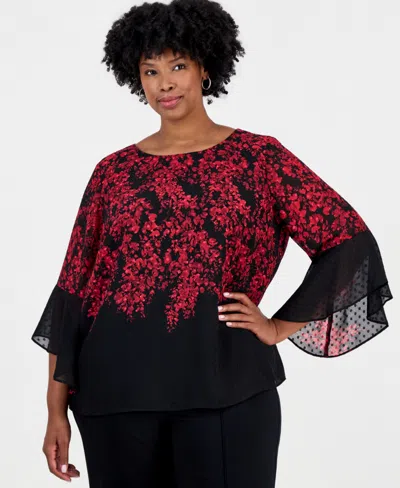 Kasper Plus Size Floral-print Boat-neck Ruffle-sleeve Blouse In Multi