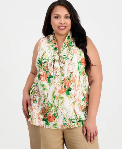 Kasper Plus Size Floral-print Tie-neck Sleeveless Top In Multi