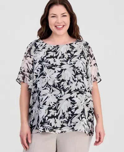 Kasper Plus Size Flutter-sleeve Boat-neck Top In Black