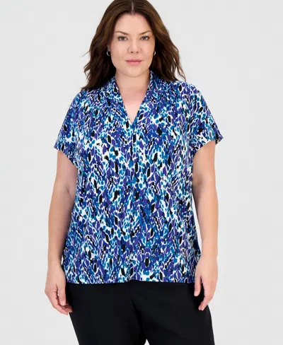 Kasper Plus Size Gathered V-neck Short-sleeve Blouse In Multi