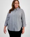 Kasper Plus Size Gingham Button-up 3/4-sleeve Shirt In Winter White,black